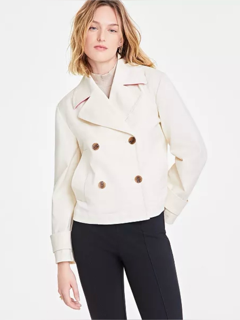 ON 34th NWT Ecru Double Breasted Jacket Large Cotton Blend Blazer Trench Style